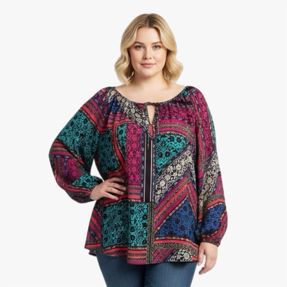 ➕ BB Dakota Patchwork Multi Patterned Blouse Womens Plus Size 3X